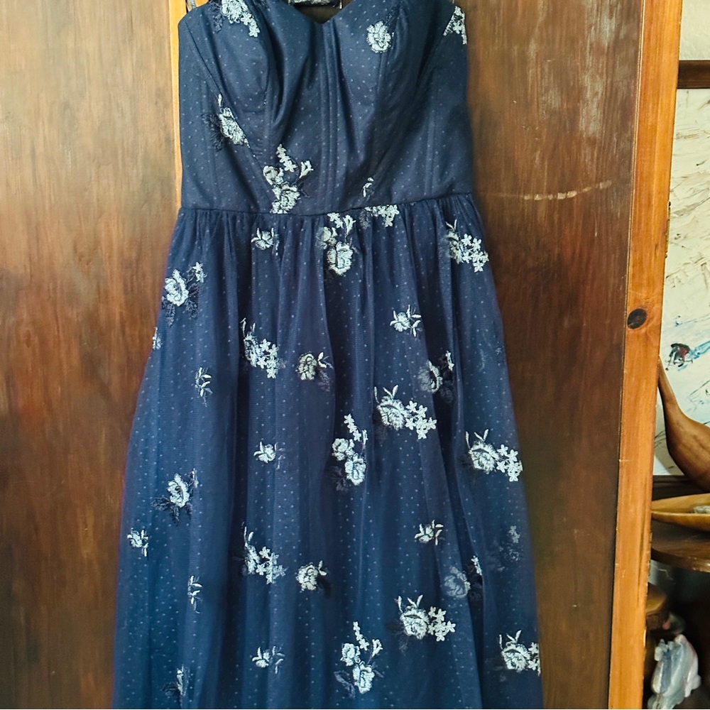 Chi Chi London Navy Blue Floral Strapless Midi Dress - Picture 2 of 5